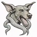 angry Doberman barking wrapped in a snake shaped like a double infinity symbol tattoo design idea