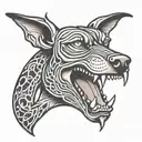 angry Doberman barking wrapped in a snake shaped like a double infinity symbol tattoo design idea