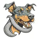 angry Doberman barking wrapped in a snake shaped like a double infinity symbol tattoo design idea