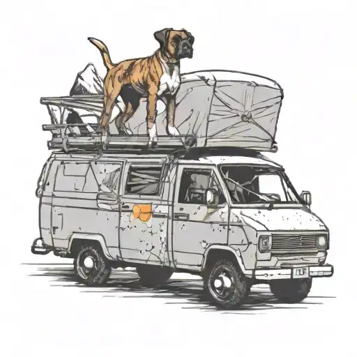 A boxer dog doing agility tricks on top of a VW camper van parked in the mountains tattoo design idea