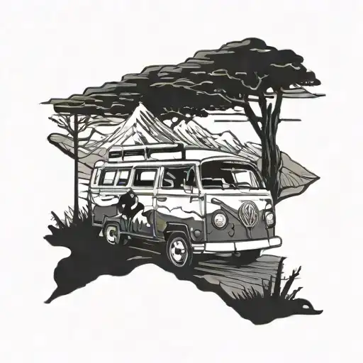 A VW camper van cruising through a mountain landscape with a boxer dog hanging out the window tattoo design idea