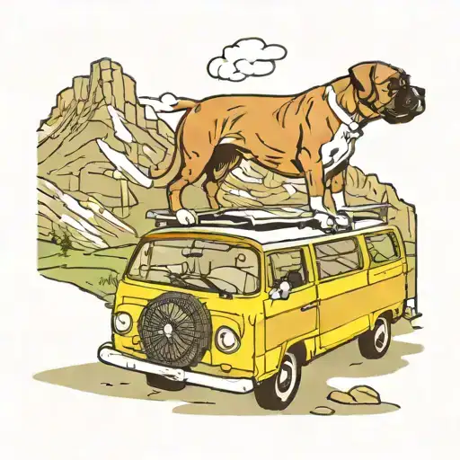 A boxer dog doing agility tricks on top of a VW camper van parked in the mountains tattoo design idea