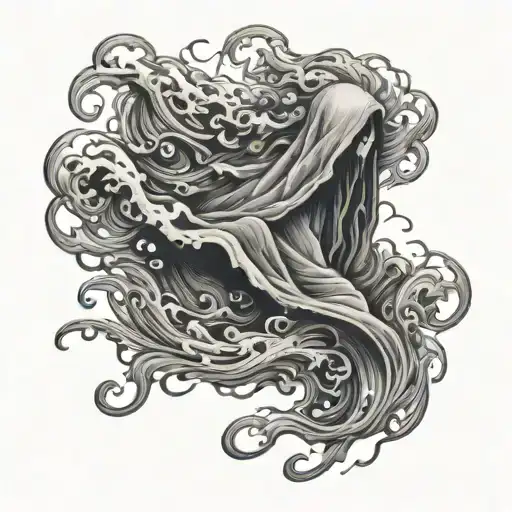 A ghostly apparition reaching out from within a swirling storm cloud tattoo design idea