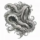A ghostly apparition reaching out from within a swirling storm cloud tattoo design idea