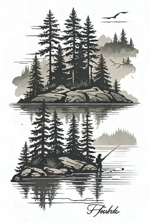 lake with fir trees silhouette of father and two sons fishing tattoo design idea