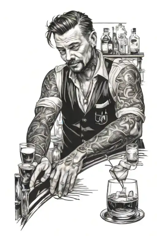 barman mixing cocktails with music tattoo design idea