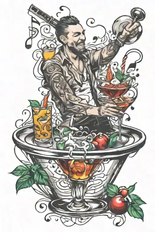 barman mixing cocktails with music notes floating tattoo design idea