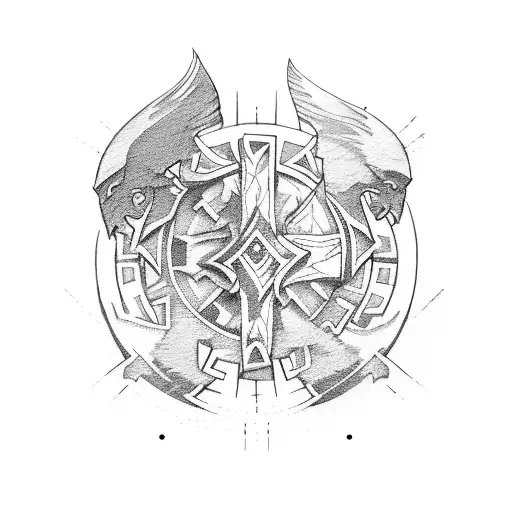 A scene of epic battle during Ragnarok, with runic inscriptions and Nordic wood carving patterns adorning the warriors tattoo design idea