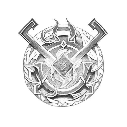 A scene of epic battle during Ragnarok, with runic inscriptions and Nordic wood carving patterns adorning the warriors tattoo design idea