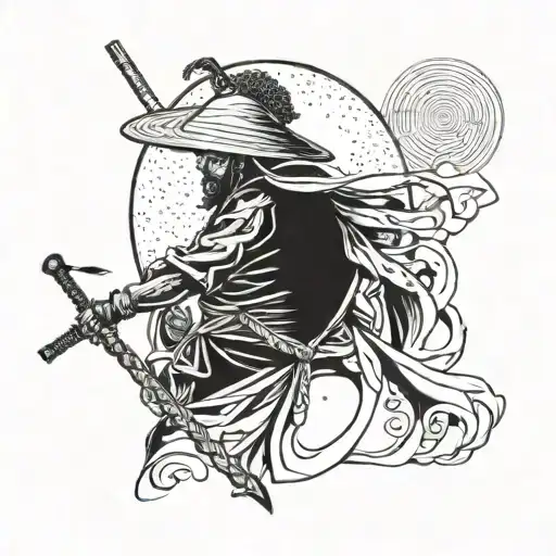 afro samurai ronin with moon and pointed hat tattoo design idea