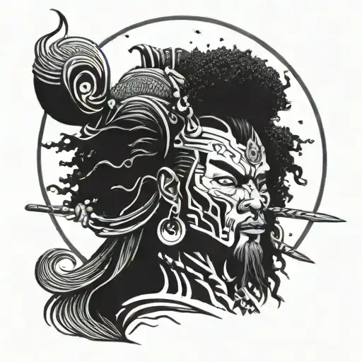 ronin samurai afro long hair with moon and pointed hat tattoo design idea