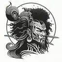 ronin samurai afro long hair with moon and pointed hat tattoo design idea