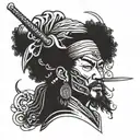 ronin samurai afro long hair with moon and pointed hat tattoo design idea