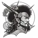 ronin samurai afro long hair with moon and pointed hat tattoo design idea