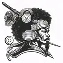 ronin samurai afro long hair with moon and pointed hat tattoo design idea