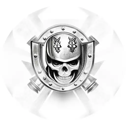 a skeleton in the armour of a Templar knight with a shield in his hand and Templar cross on his helmet  tattoo design idea