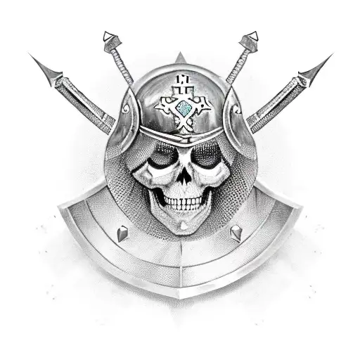 a skeleton in the armour of a Templar knight with a sword and in his hand, a red Templar cross on his helmet tattoo design idea
