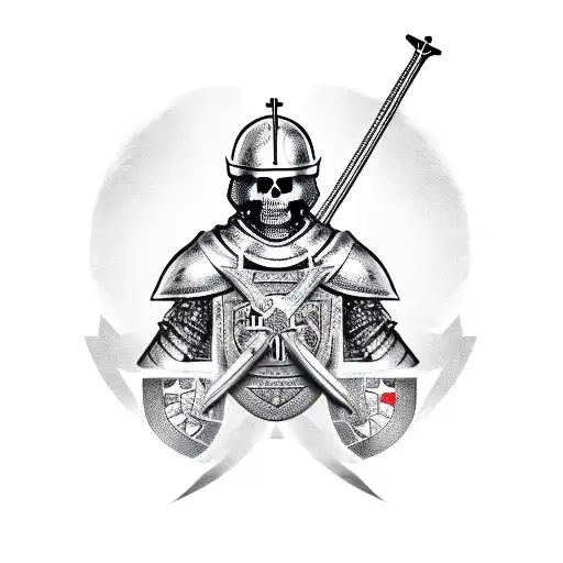 a skeleton in the armour of a Templar knight with a sword and shield in his hand and Templar cross on his helmet  tattoo design idea