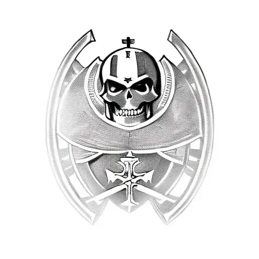 a skeleton in the armour of a Templar knight with a shield in his hand and Templar cross on his helmet  tattoo design idea