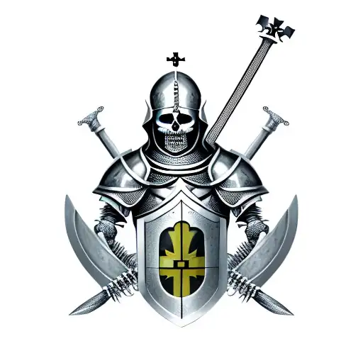 a skeleton in the armour of a Templar knight with a sword and shield in his hand and Templar cross on his helmet  tattoo design idea
