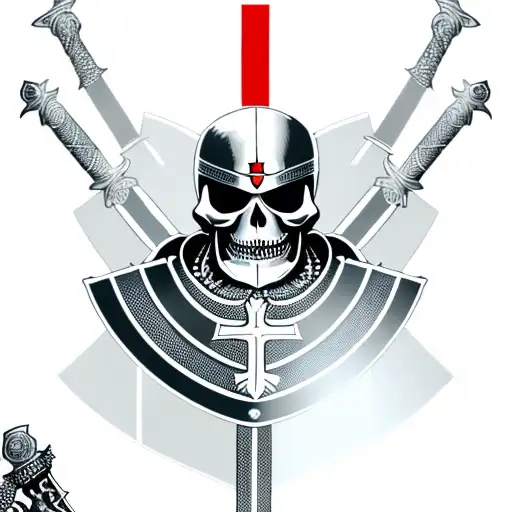 a skeleton in the armour of a Templar knight with a sword and shield in his hand, a red Templar cross on his helmet, com tattoo design idea