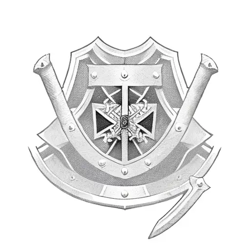 a skeleton in the armour of a Templar knight with a sword and shield in his hand and Templar cross on his helmet  tattoo design idea