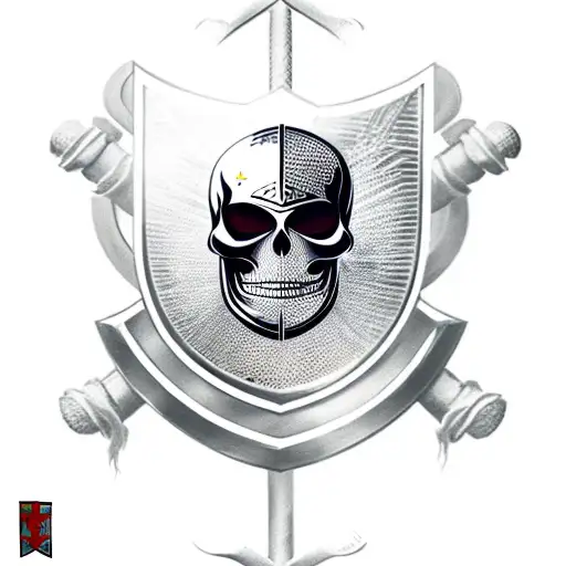 a skeleton in the armour of a Templar knight with a sword and shield in his hand, a red Templar cross on his helmet, com tattoo design idea