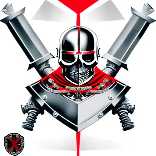 a skeleton in the armour of a Templar knight with a sword and in his hand, a red Templar cross on his helmet tattoo design idea