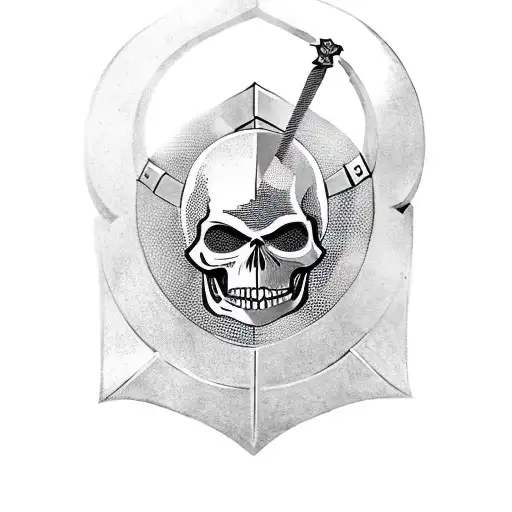 a skeleton in the armour of a Templar knight with a sword and shield in his hand and Templar cross on his helmet  tattoo design idea