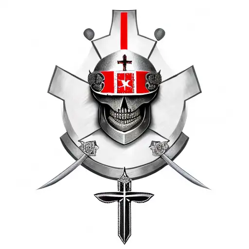a skeleton in the armour of a Templar knight with a sword and in his hand, a red Templar cross on his helmet tattoo design idea