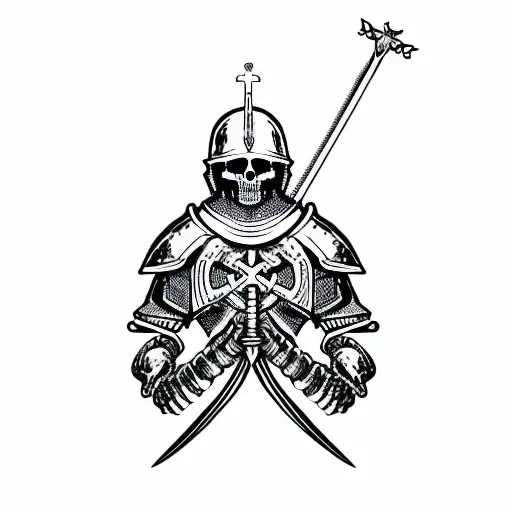 a skeleton in the armour of a Templar knight with a sword and shield in his hand and Templar cross on his helmet  tattoo design idea