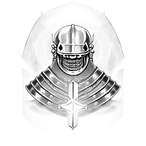 a skeleton in the armour of a Templar knight with a sword in his hand tattoo design idea