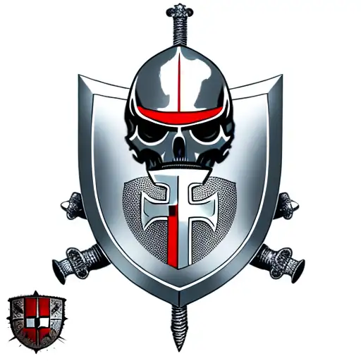 a skeleton in the armour of a Templar knight with a sword and shield in his hand, a red Templar cross on his helmet, com tattoo design idea