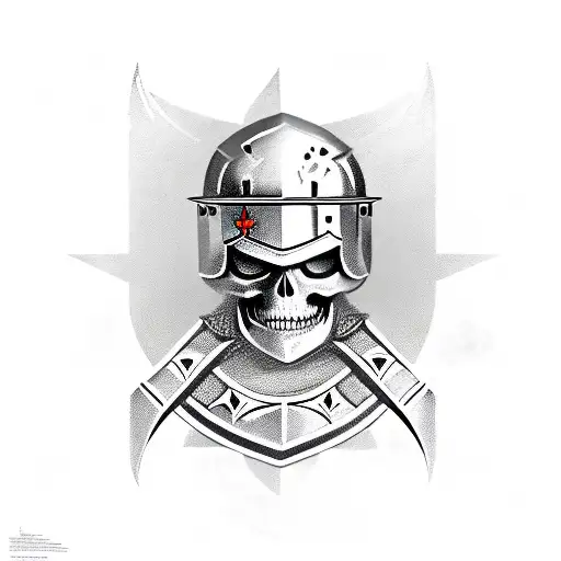 a skeleton in the armour of a Templar knight with a sword and in his hand, a red Templar cross on his helmet tattoo design idea