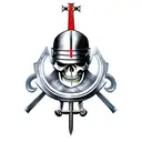 a skeleton in the armour of a Templar knight with a sword and in his hand, a red Templar cross on his helmet tattoo design idea