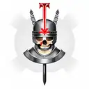 a skeleton in the armour of a Templar knight with a sword and in his hand, a red Templar cross on his helmet tattoo design idea