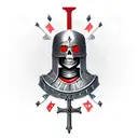 a skeleton in the armour of a Templar knight with a sword and in his hand, a red Templar cross on his helmet tattoo design idea