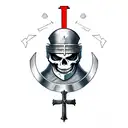 a skeleton in the armour of a Templar knight with a sword and in his hand, a red Templar cross on his helmet tattoo design idea