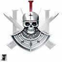 a skeleton in the armour of a Templar knight with a sword and shield in his hand, a red Templar cross on his helmet, com tattoo design idea