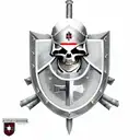 a skeleton in the armour of a Templar knight with a sword and shield in his hand, a red Templar cross on his helmet, com tattoo design idea