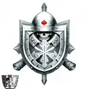 a skeleton in the armour of a Templar knight with a sword and shield in his hand, a red Templar cross on his helmet, com tattoo design idea