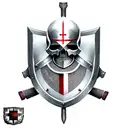 a skeleton in the armour of a Templar knight with a sword and shield in his hand, a red Templar cross on his helmet, com tattoo design idea