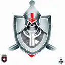 a skeleton in the armour of a Templar knight with a sword and shield in his hand, a red Templar cross on his helmet, com tattoo design idea