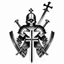 a skeleton in the armour of a Templar knight with a sword and shield in his hand and Templar cross on his helmet  tattoo design idea