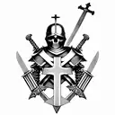 a skeleton in the armour of a Templar knight with a sword and shield in his hand and Templar cross on his helmet  tattoo design idea