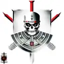 a skeleton in the armour of a Templar knight with a sword and shield in his hand, a red Templar cross on his helmet, com tattoo design idea