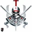 a skeleton in the armour of a Templar knight with a sword and shield in his hand, a red Templar cross on his helmet, com tattoo design idea