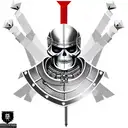 a skeleton in the armour of a Templar knight with a sword and shield in his hand, a red Templar cross on his helmet, com tattoo design idea
