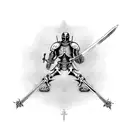 a skeleton in the armour of a Templar knight with a sword in his hand tattoo design idea