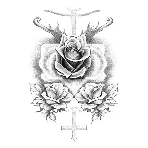 Joy Written is cursvie with a heart, cross, butterfly, and rose and the year 1944 incroperated tattoo design idea